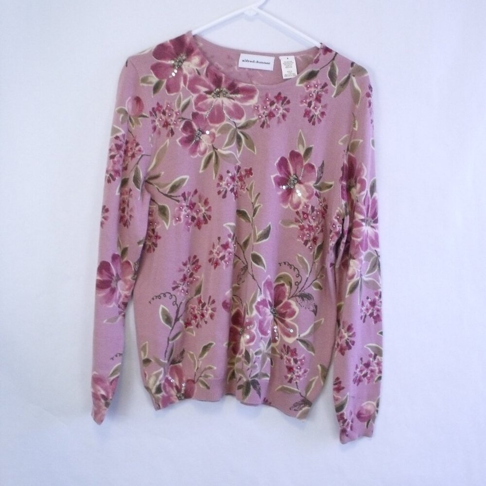 Alfred Dunner Pink Floral  Beaded Sweater